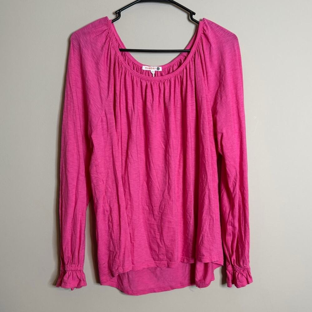 Sundry Gathered Raglan Long Sleeve Top Peasant Style Hot Pink Size 2 Medium - Picture 2 of 8